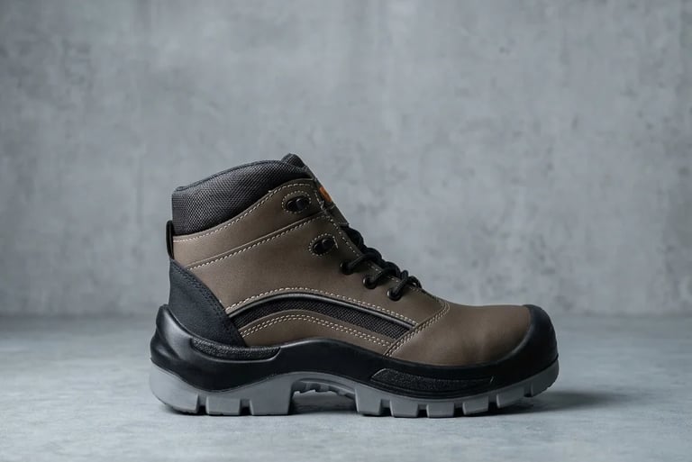 Bota industrial de cuero cafe, vista de perfil, calzado de trabajo