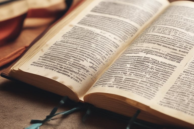 Close-up of an open ancient book with script text and blue ribbon bookmarks on a rustic table.