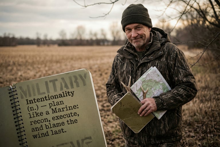A hunter in camo gear holding a map, a deer antler and notebook in a field next to a military quote.
