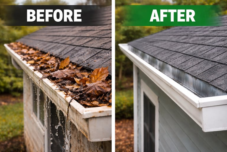 Clogged gutter full of leaves compared to clean gutter after professional cleaning service in Durham