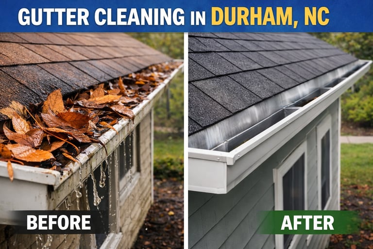 Before and after gutter cleaning in Durham NC showing clogged gutters with leaves and clean seamless