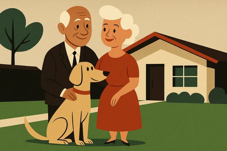 Couple de senior retraités avec leur chien. Ils profitent de leur jardin devant la maison.