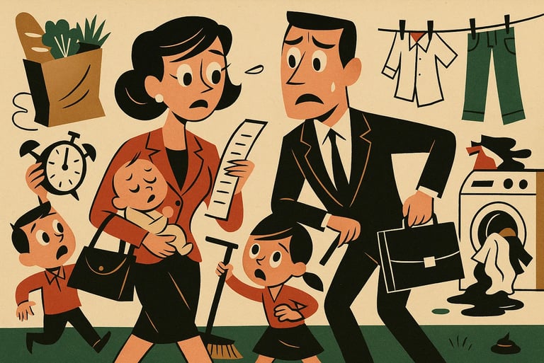 Parents en manque de temps avec le travail, les enfants et les tâches ménagères.