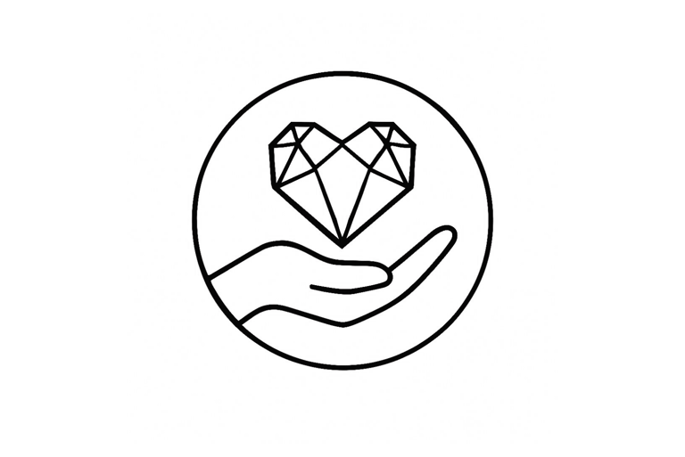 Hand holding a geometric diamond heart icon in a circle, representing luxury care and value.