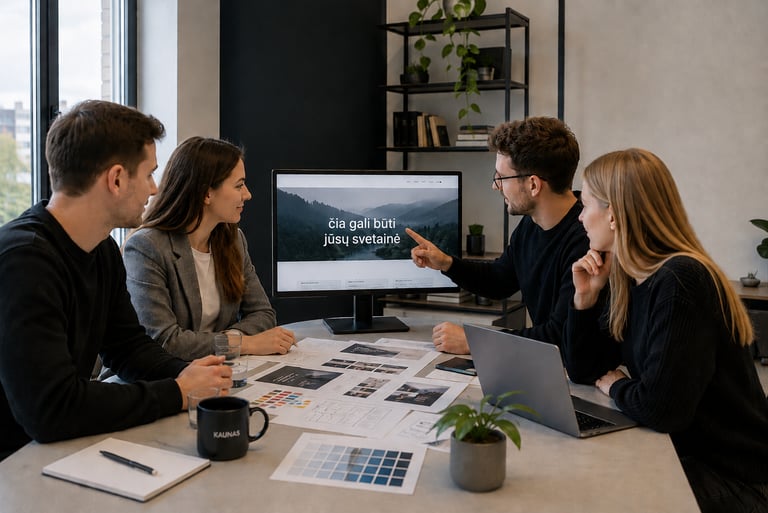 Marketingo agentūros Kaune komanda aptaria svetainės dizainą šiuolaikiniame biure