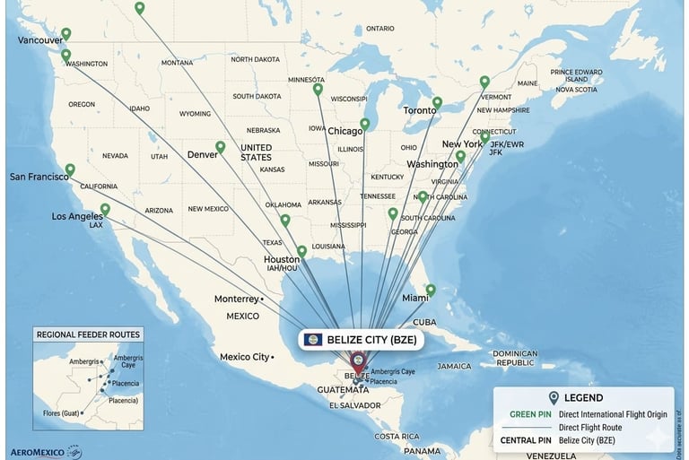 Direct flights from America to Belize map