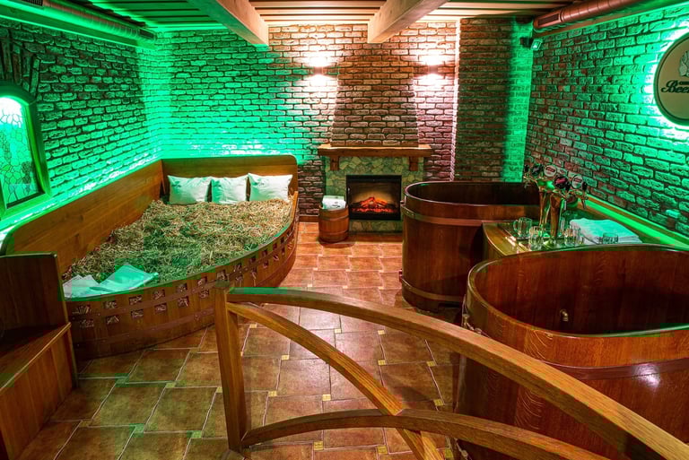 a room with a wooden barrel of wine
