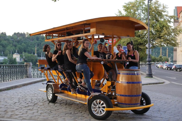a group of people riding on a carton