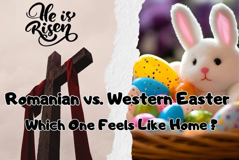 Romanian vs. Western Easter traditions – cross with red cloth vs. bunny with colorful eggs
