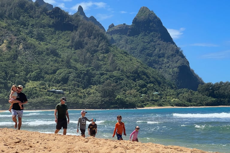 Family on Tunnels Beach in Kauai