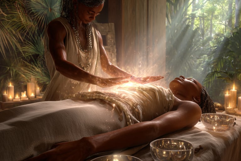 Practitioner performing energy work (Reiki) on client on table with glowing hands and singing bowls grow my soul
