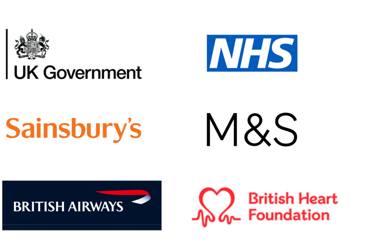 Brand logos of companies previously worked with, including UK Government and Sainsbury’s