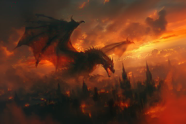 Dragon flying over burning citiscape