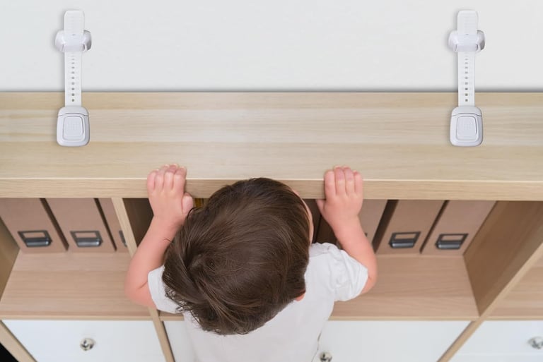 Infant climbing on bookcase with furniture straps