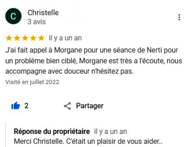 Positive 5-star Google review in French for a Nerti practitioner session with Morgane.