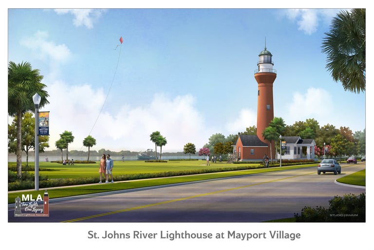 A digital rendering of the St. Johns River Lighthouse restored on a waterfront