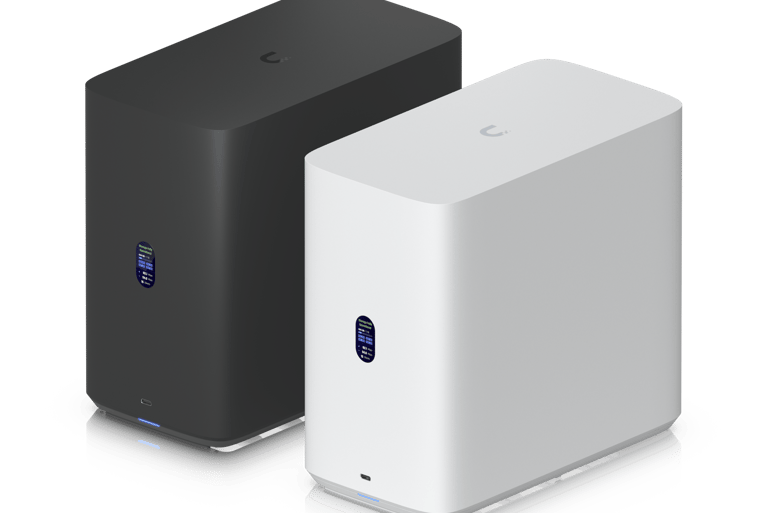 Black and white NAS-systems with digital status displays for high-speed local file storage.