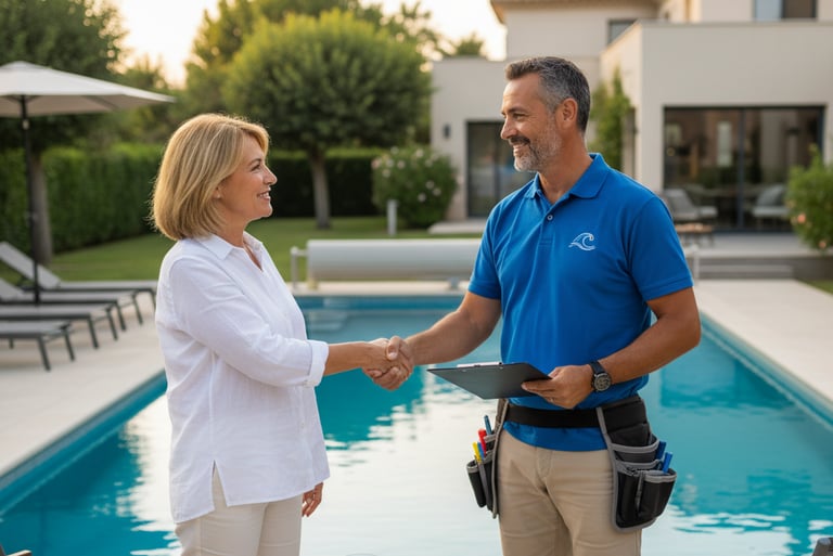piscinier et client ravient de signer un contrat d'entretien devant la piscine