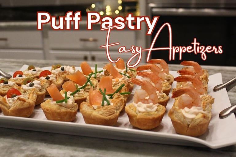 a platter of appetizing food with made with puff pastry and shrimp, chicken and smoke salmon