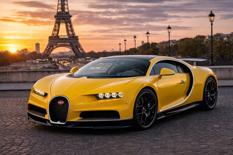 Bugatti Chiron amarelo em estrada ao pôr do sol, um dos candidatos a carro mais rapido do mundo