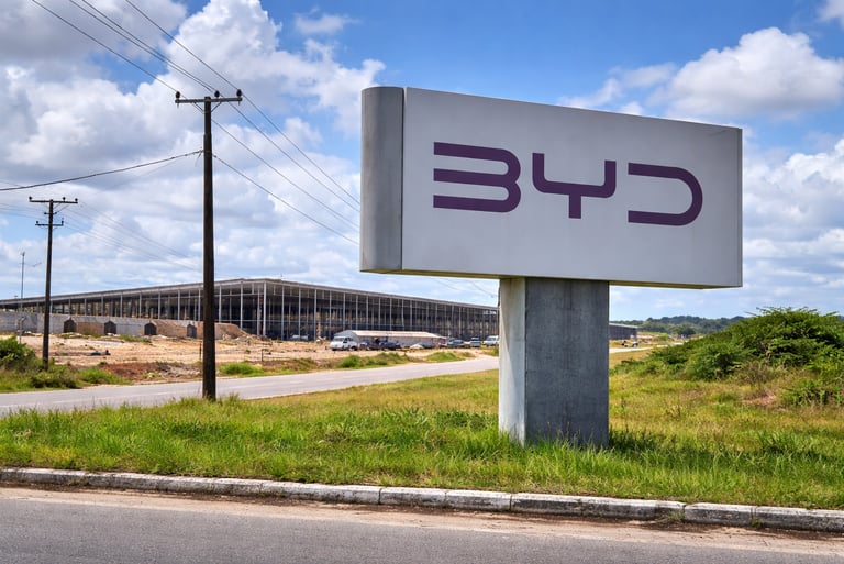 Placa da BYD Brasil na fábrica de Camaçari com estrutura em construção ao fundo