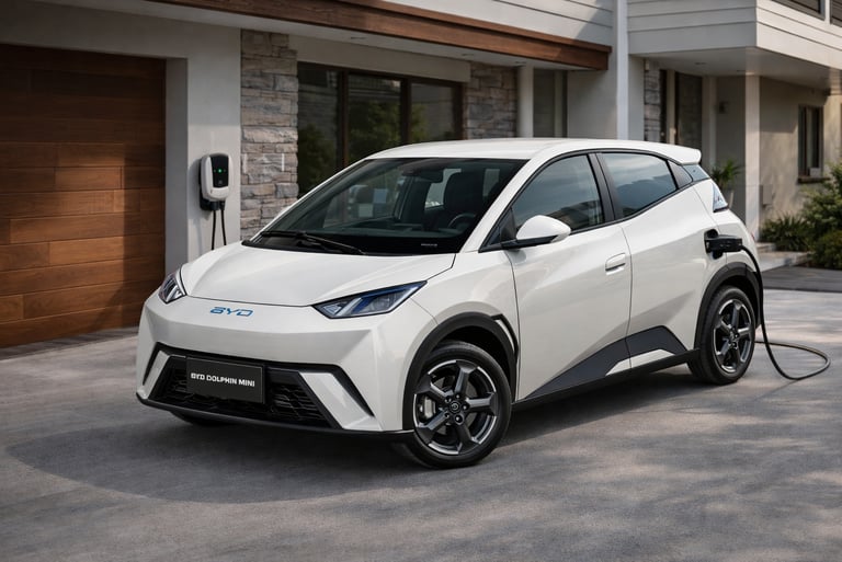 BYD Dolphin Mini elétrico carregando na garagem de uma casa