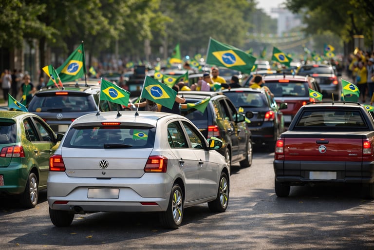 carreata de carros decorados para Copa do Mundo com bandeiras do Brasil
