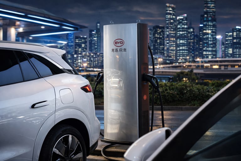 Carro elétrico BYD conectado a carregador ultrarrápido em estação de recarga