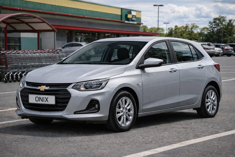 carro pequeno Chevrolet Onix prata em estacionamento