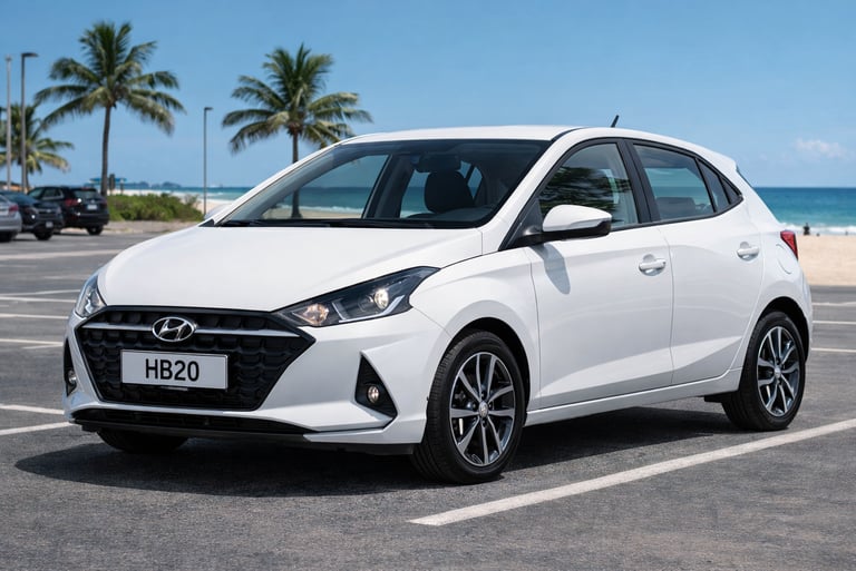 carro pequeno Hyundai HB20 branco estacionado próximo à praia
