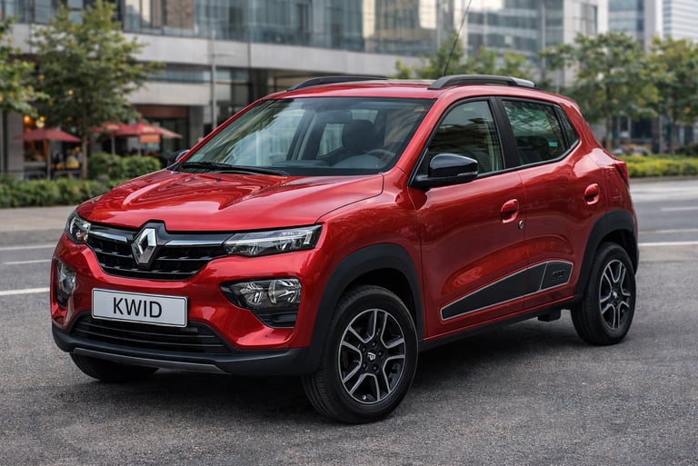 carro pequeno Renault Kwid vermelho em cenário urbano