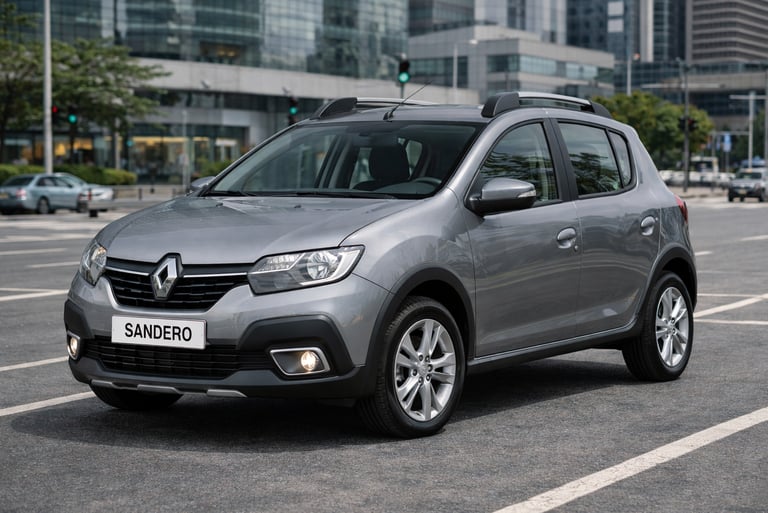 carro pequeno Renault Sandero cinza estacionado em avenida da cidade