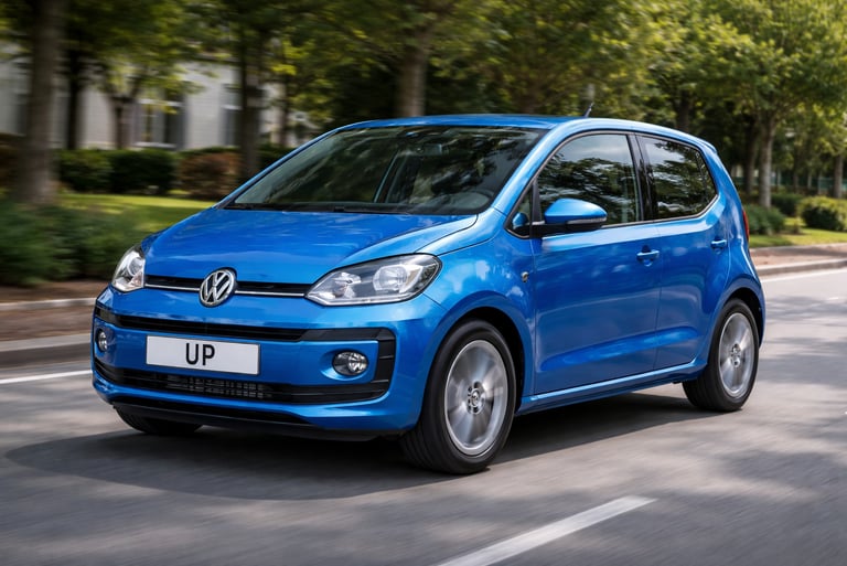 carro pequeno Volkswagen Up azul em estrada residencial arborizada