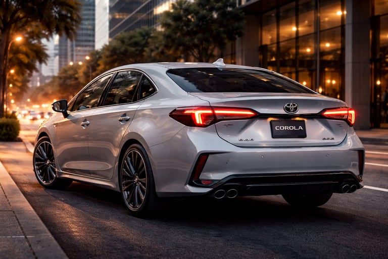 Toyota Corolla 2026 em vista traseira 3/4 com lanternas acesas em cenário urbano