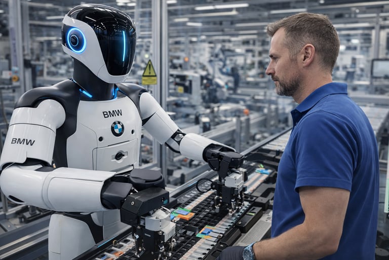 Robos humanoides trabalhando ao lado de funcionário humano em fábrica automatizada da BMW