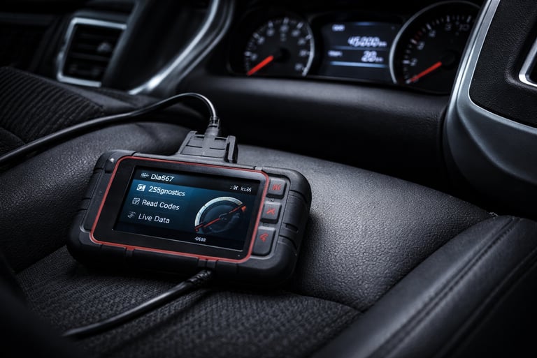 Hodômetro o que é: scanner automotivo conectado ao carro no banco com painel e quilometragem visível