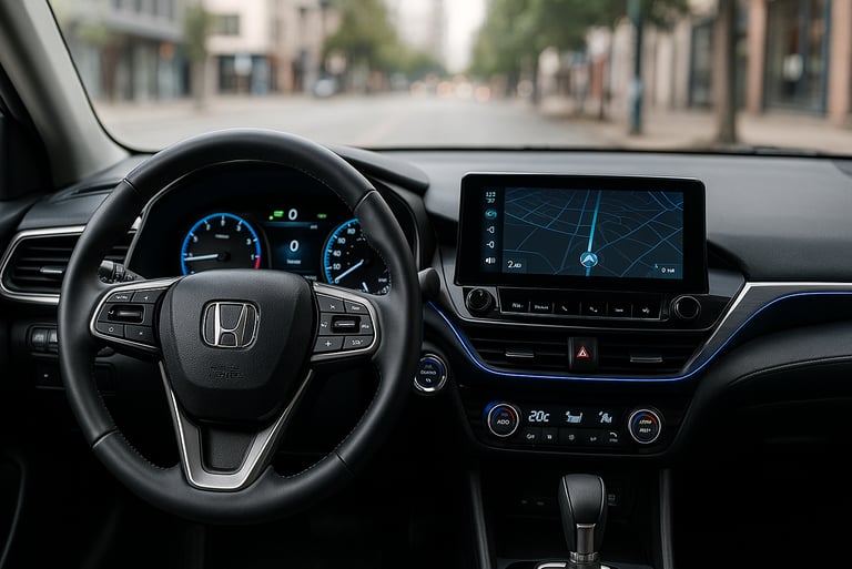 Interior de carro usado moderno com painel digital aceso e sistema de navegação por inteligência art