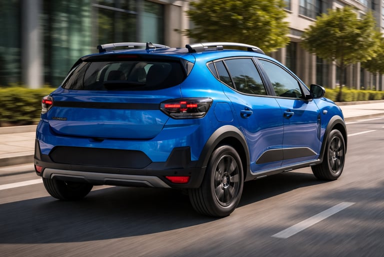 Novo Sandero Stepway híbrido 2026 na cor azul, visto de traseira em ambiente urbano moderno