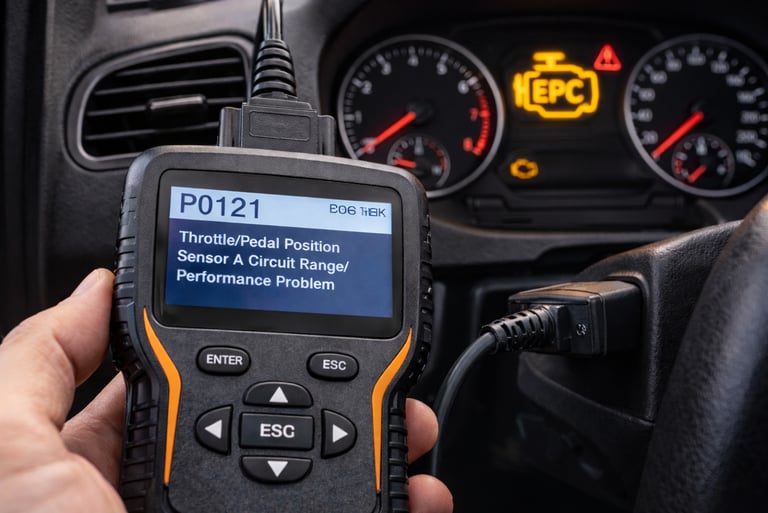 Scanner OBD conectado diagnosticando luz EPC acesa no painel do carro