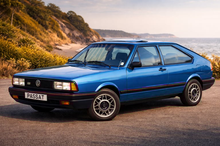 Volkswagen Passat duas portas clássico em nova cor azul metálica com fundo litorâneo ao entardecer