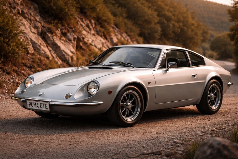 Puma GTE clássico representando as marcas de carros brasileiras em cenário montanhoso ao pôr do sol