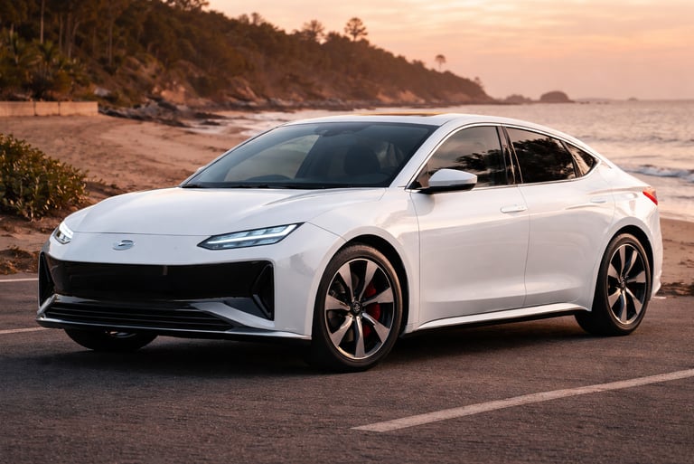 Sedã Lecar elétrico representando as marcas de carros brasileiras em cenário litorâneo ao pôr do sol