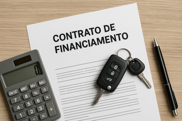 Contrato de financiamento de carro com chave, caneta e calculadora sobre a mesa de madeira