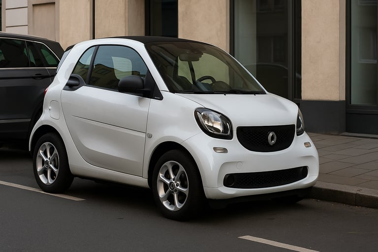 Smart Fortwo branco de dois lugares estacionado em rua urbana