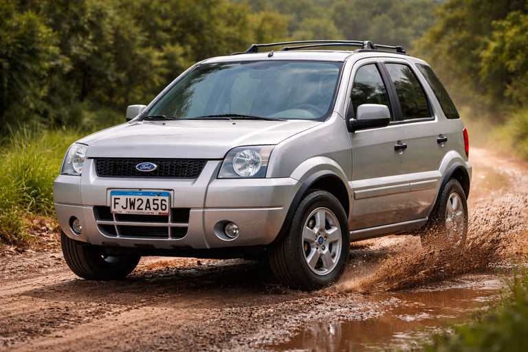 Ford EcoSport prata em estrada de terra, modelo entre carros da Ford antigos.