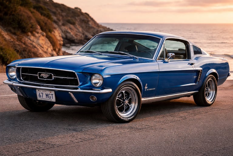 Ford Mustang clássico azul, ícone entre carros antigos da Ford.