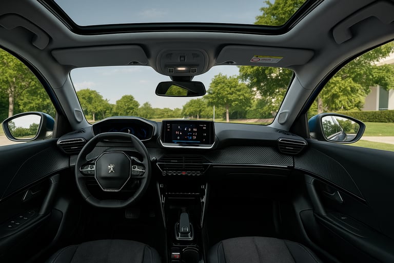 Interior do Peugeot 208 Griffe com painel i-Cockpit 3D aceso e teto panorâmico aberto