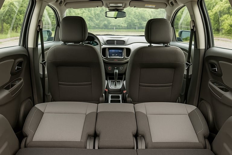 Interior da Chevrolet Spin usada, mostrando bancos traseiros e terceira fileira parcialmente rebatid