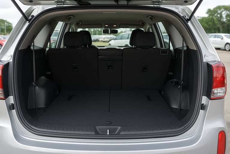 Interior do Kia Sorento 2015 – porta-malas e terceira fileira de bancos evidenciando espaço e acabam
