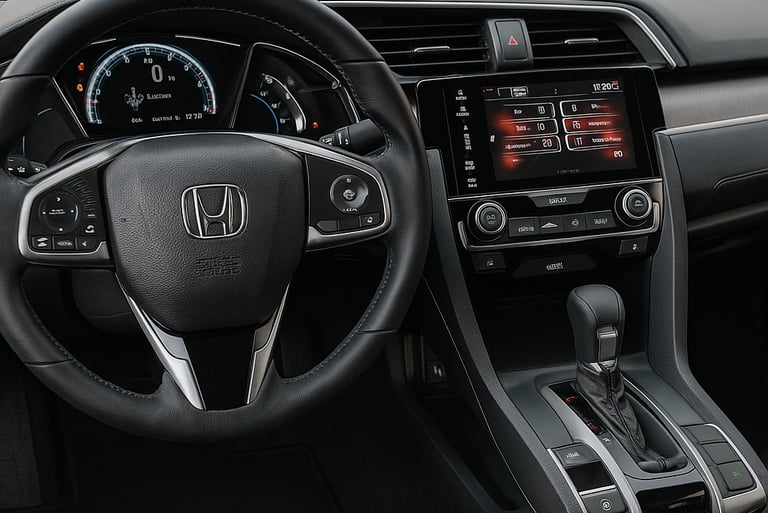 Painel e console central do Honda Civic usado – volante, câmbio automático e multimídia